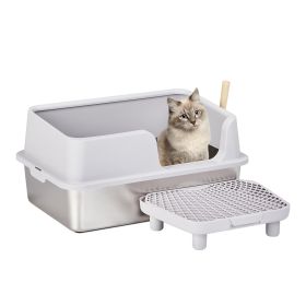 Stainless Steel Cat Litter Box With Lid, Extra Large Litter Pan With High Sides For Big Cats, Kitty Litter Box With Pedal Filter And Scoop, No Od (Option: Gray)
